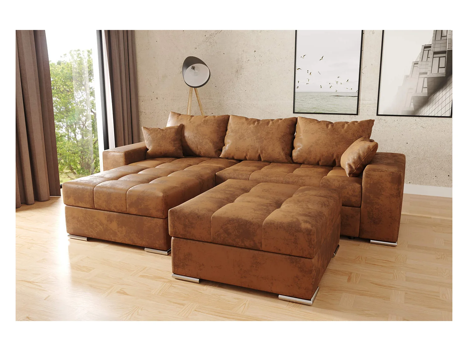canapé d'angle josua L + pouf - marron vintage