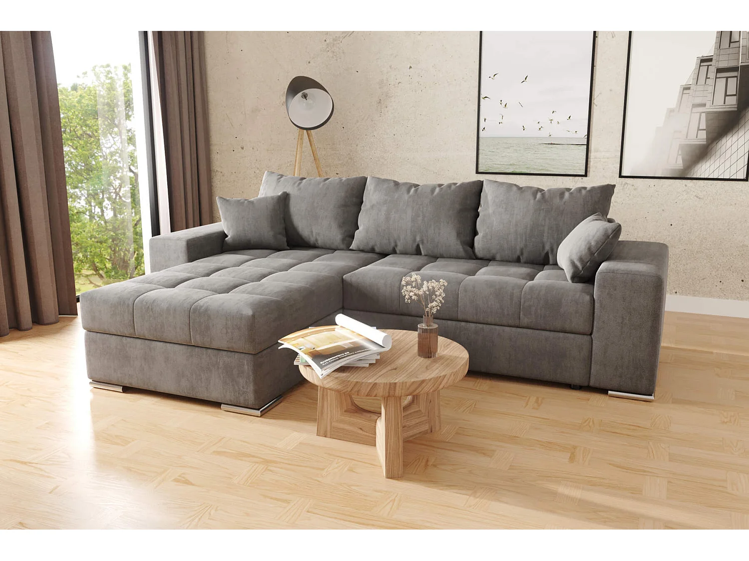 canapé d'angle josua L avec lit et rangements - tissu texturé velours