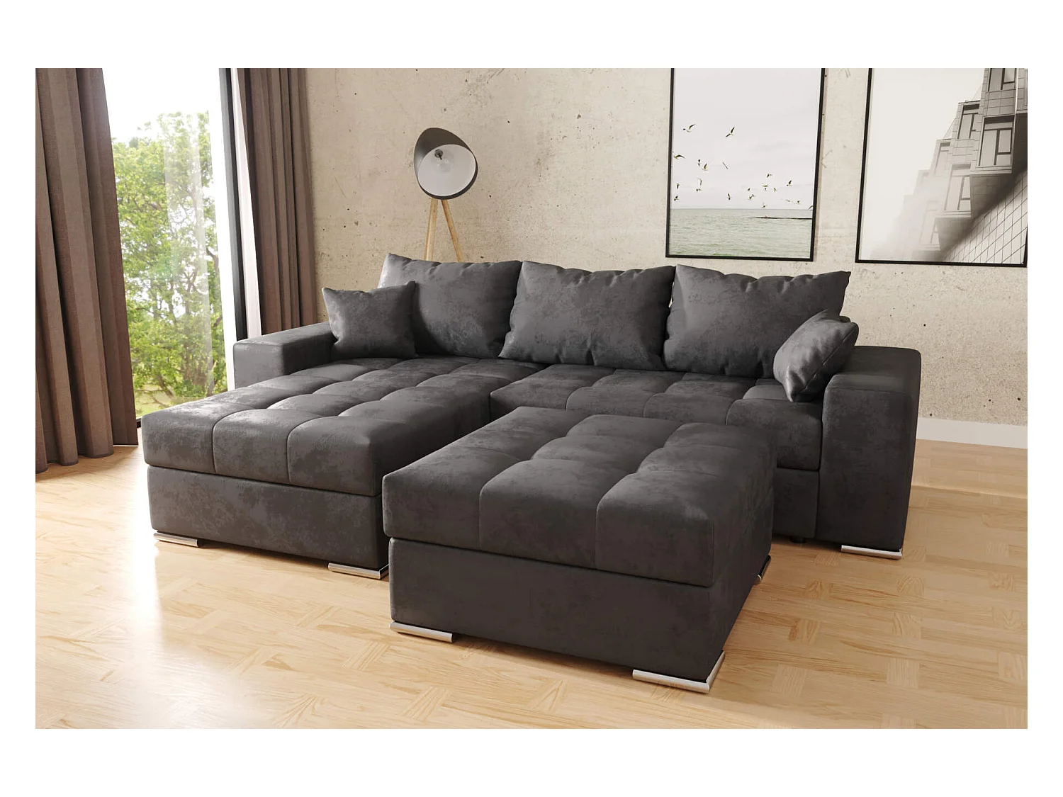 canapé d'angle josua L + pouf - noir vintage