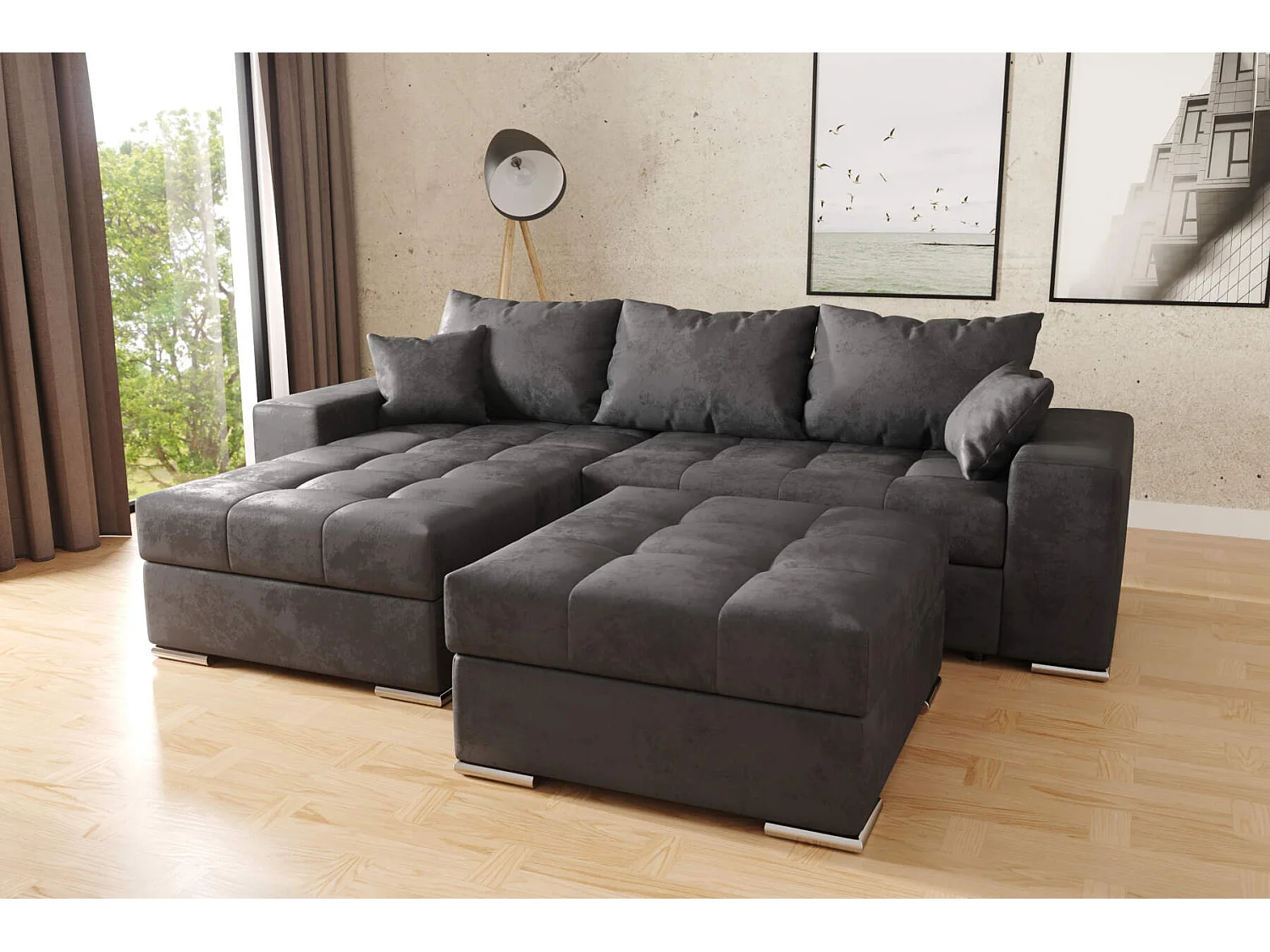 hoekbank josua L + poef - vintage black