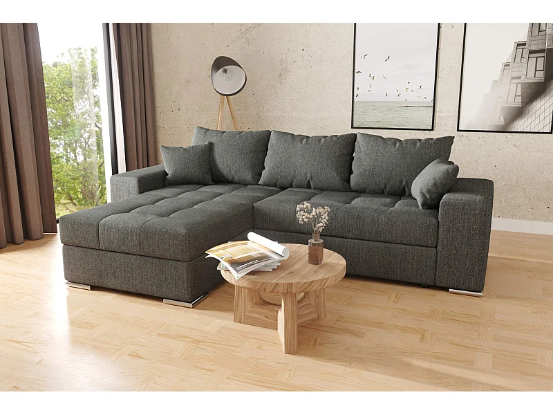 canapé d'angle Josua L avec couchage et rangements - tissu structuré gris foncé