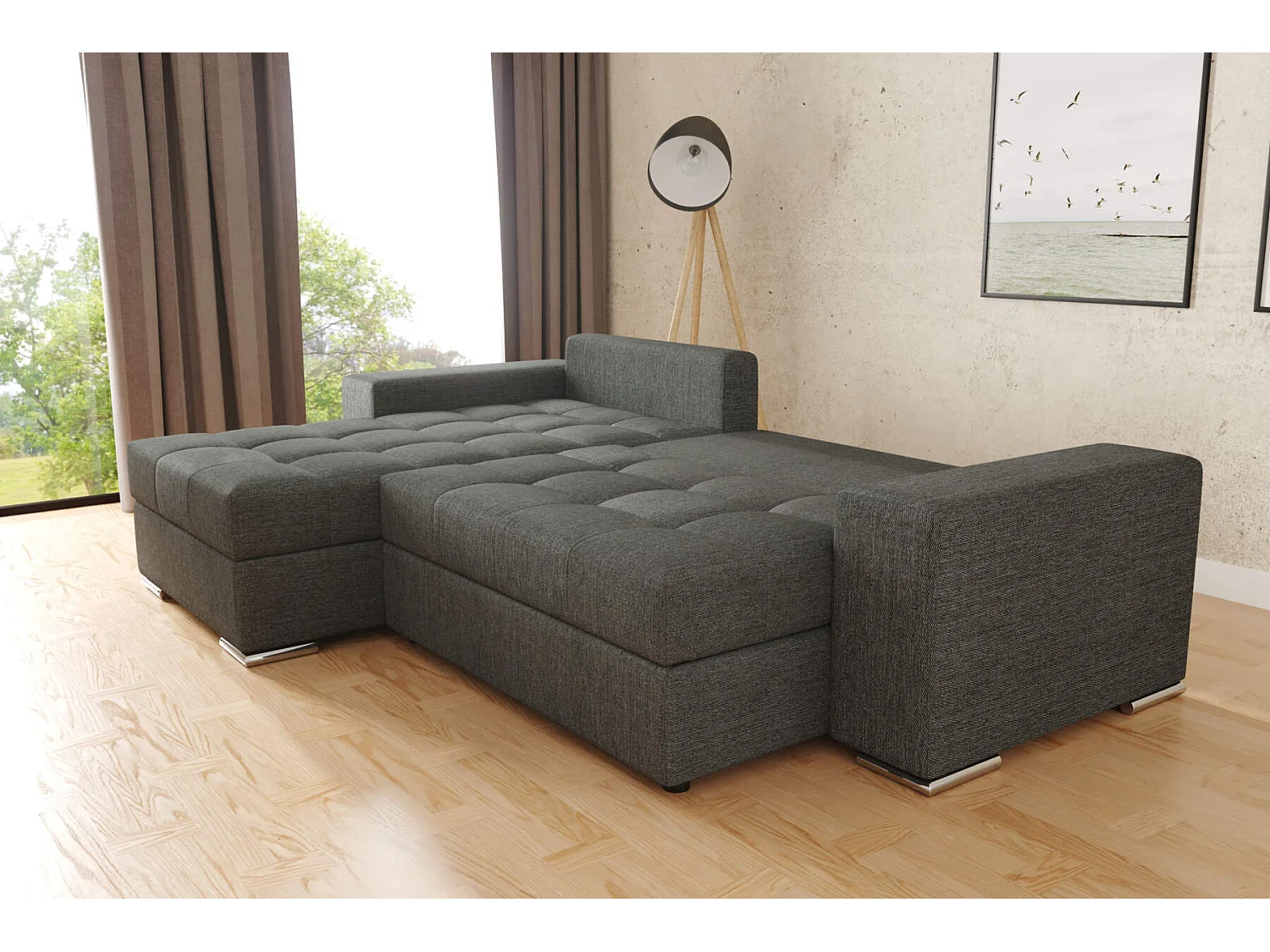 canapé d'angle Josua L avec couchage et rangements - tissu structuré gris foncé