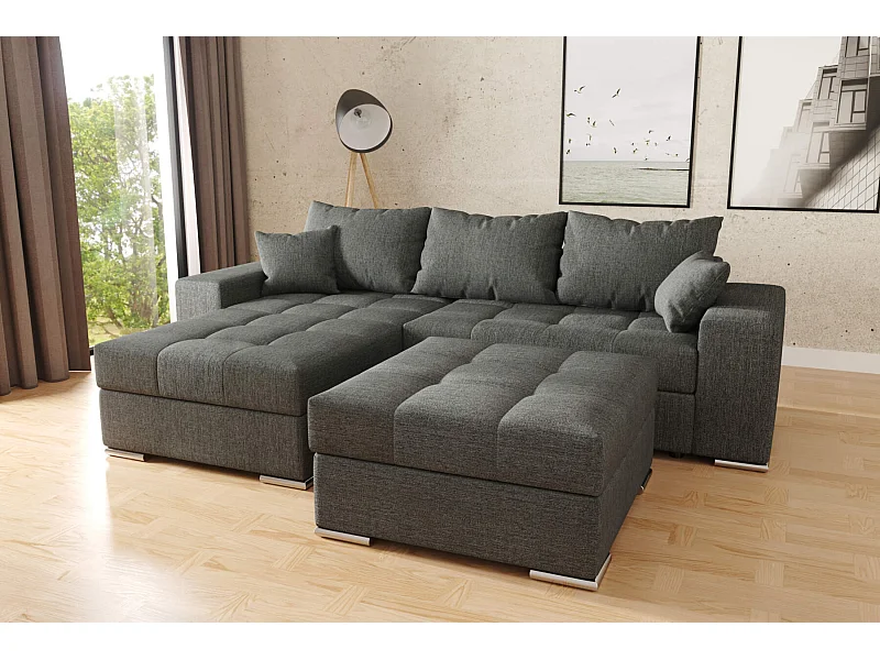canapé d'angle Josua L avec couchage et rangements + pouf - tissu structuré gris foncé