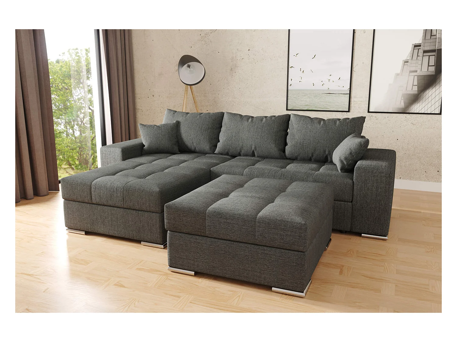 canapé d'angle Josua L avec couchage et rangements + pouf - tissu structuré gris foncé