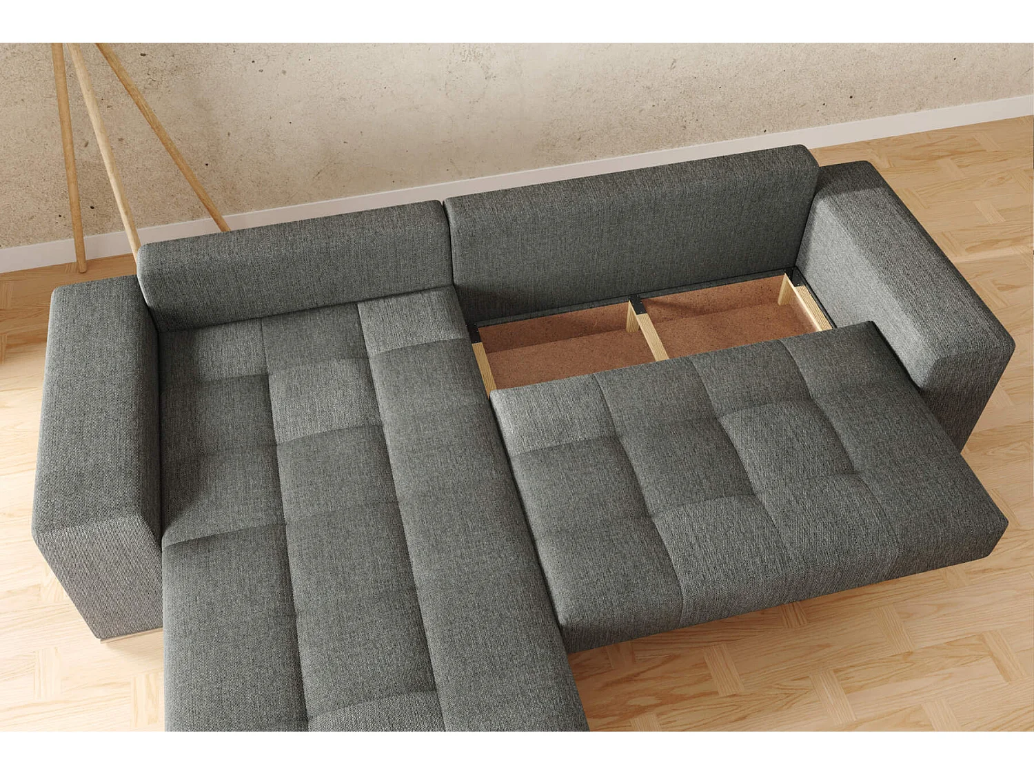 hoekbank josua L met bed en opbergruimte + poef - donkergrijs structuurstof