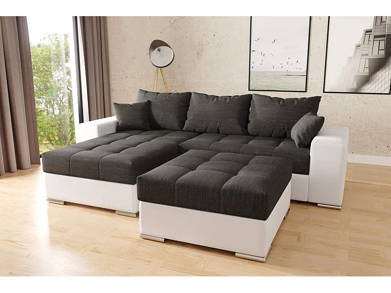 hoekbank josua L met bed en opbergruimte + poef - zwart + wit