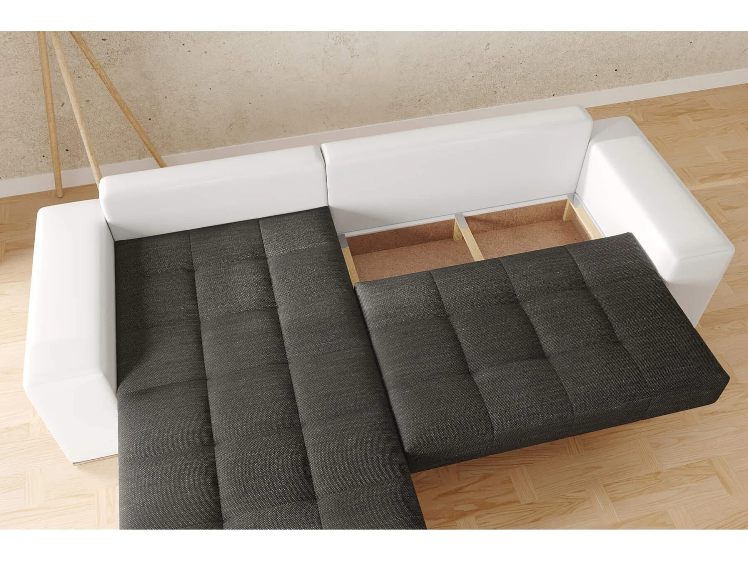 canapé d'angle josua L avec lit et rangements + pouf - noir + blanc