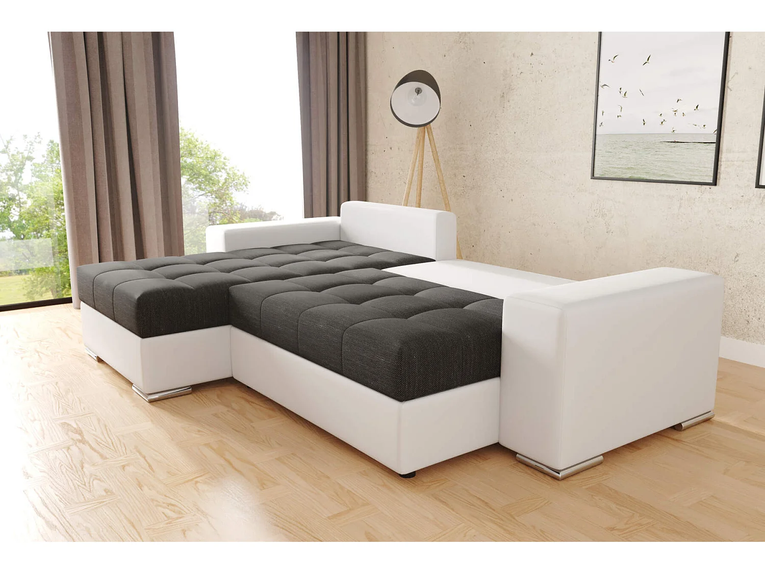 canapé d'angle josua L avec lit et rangements + pouf - noir + blanc