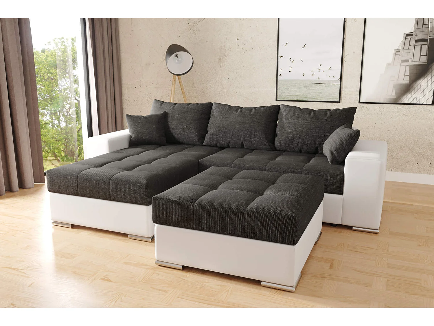 hoekbank josua L met bed en opbergruimte + poef - zwart + wit