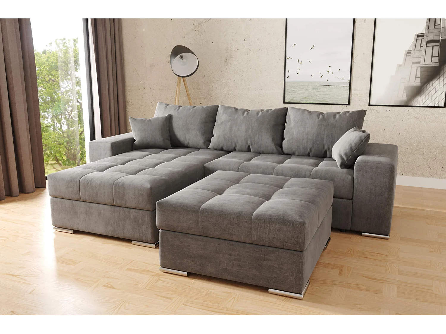 hoekbank josua L met bed en opbergruimte + poef - velvet structuurstof