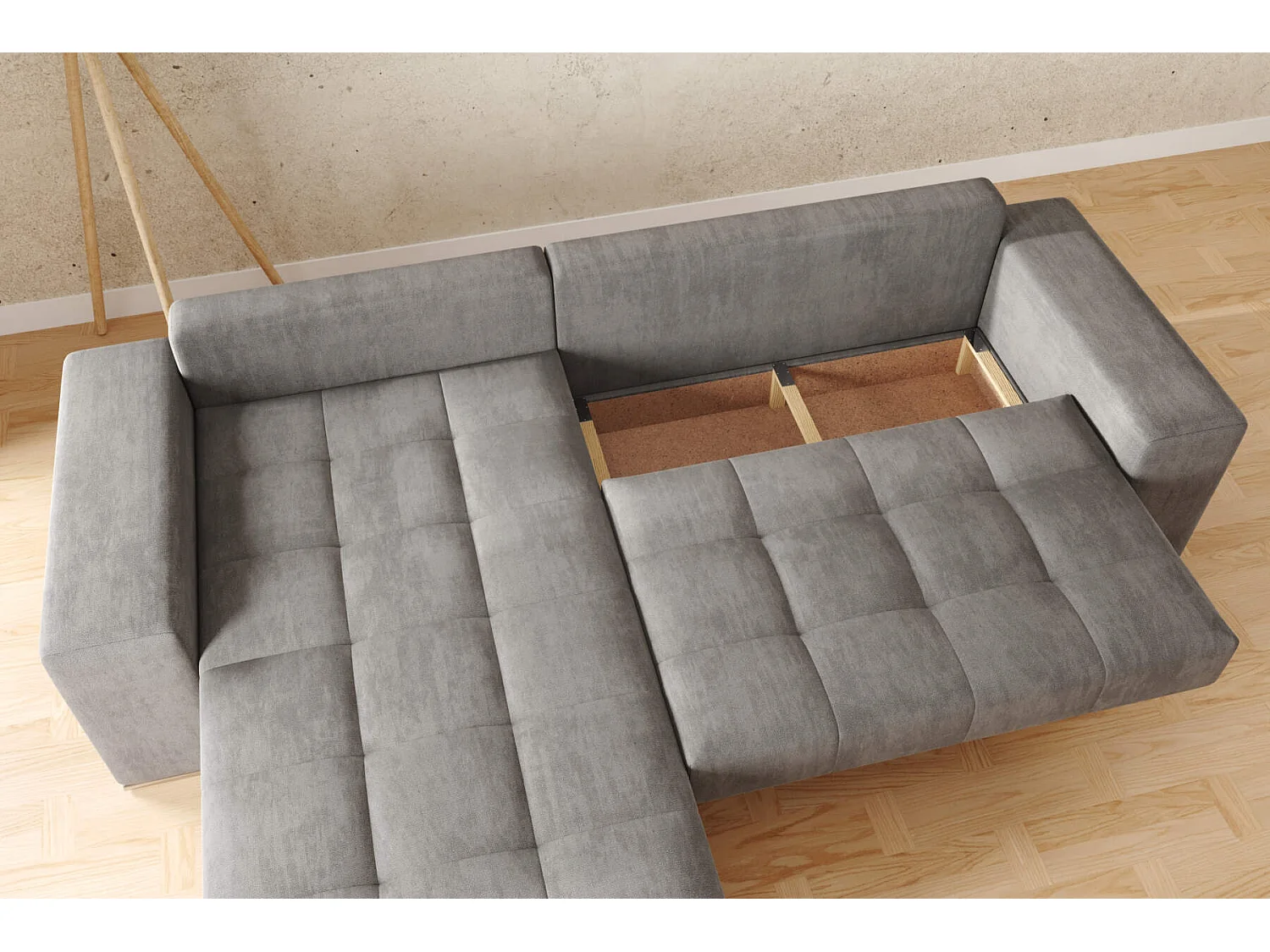 hoekbank josua L met bed en opbergruimte + poef - velvet structuurstof