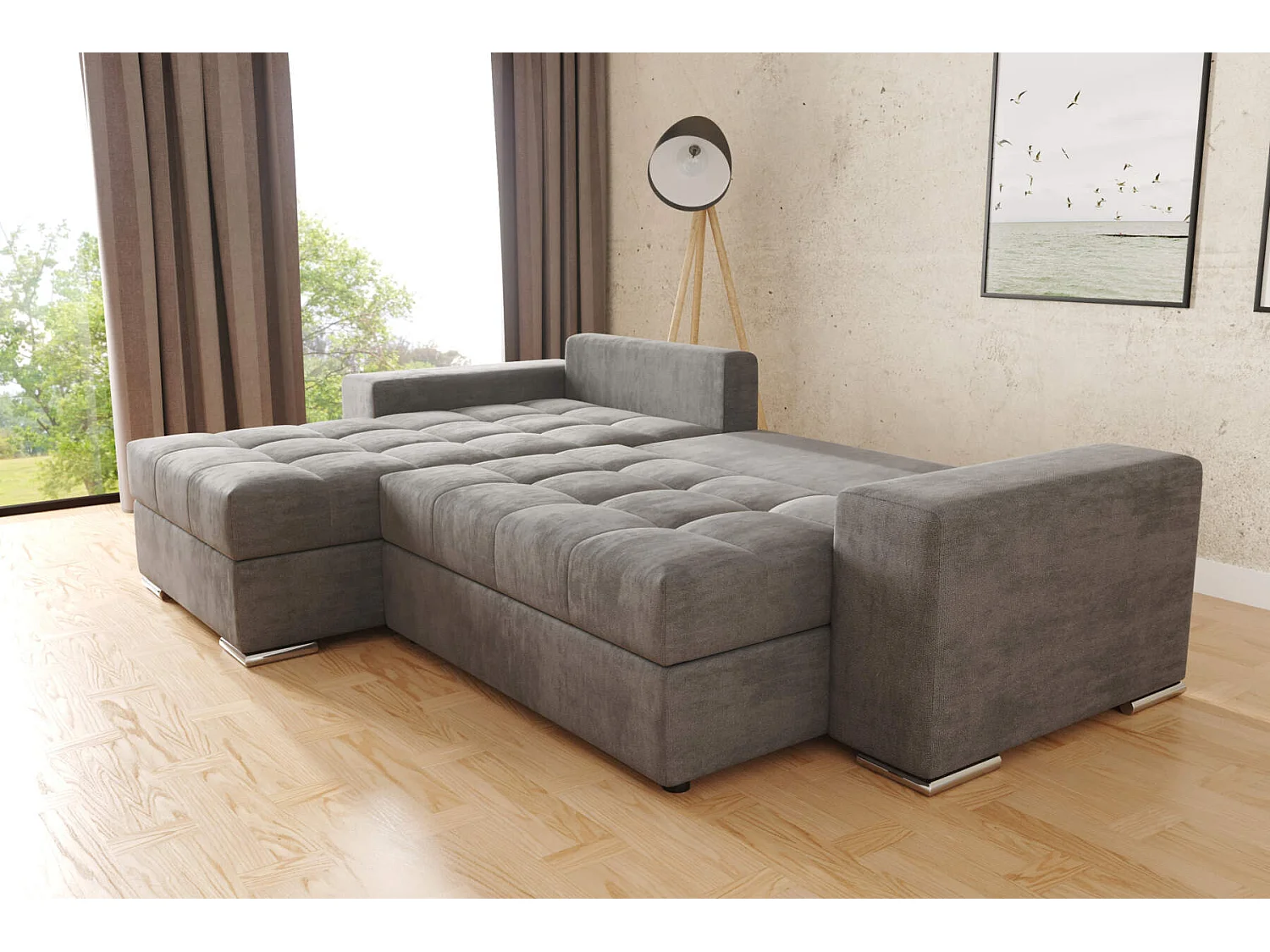 hoekbank josua L met bed en opbergruimte + poef - velvet structuurstof