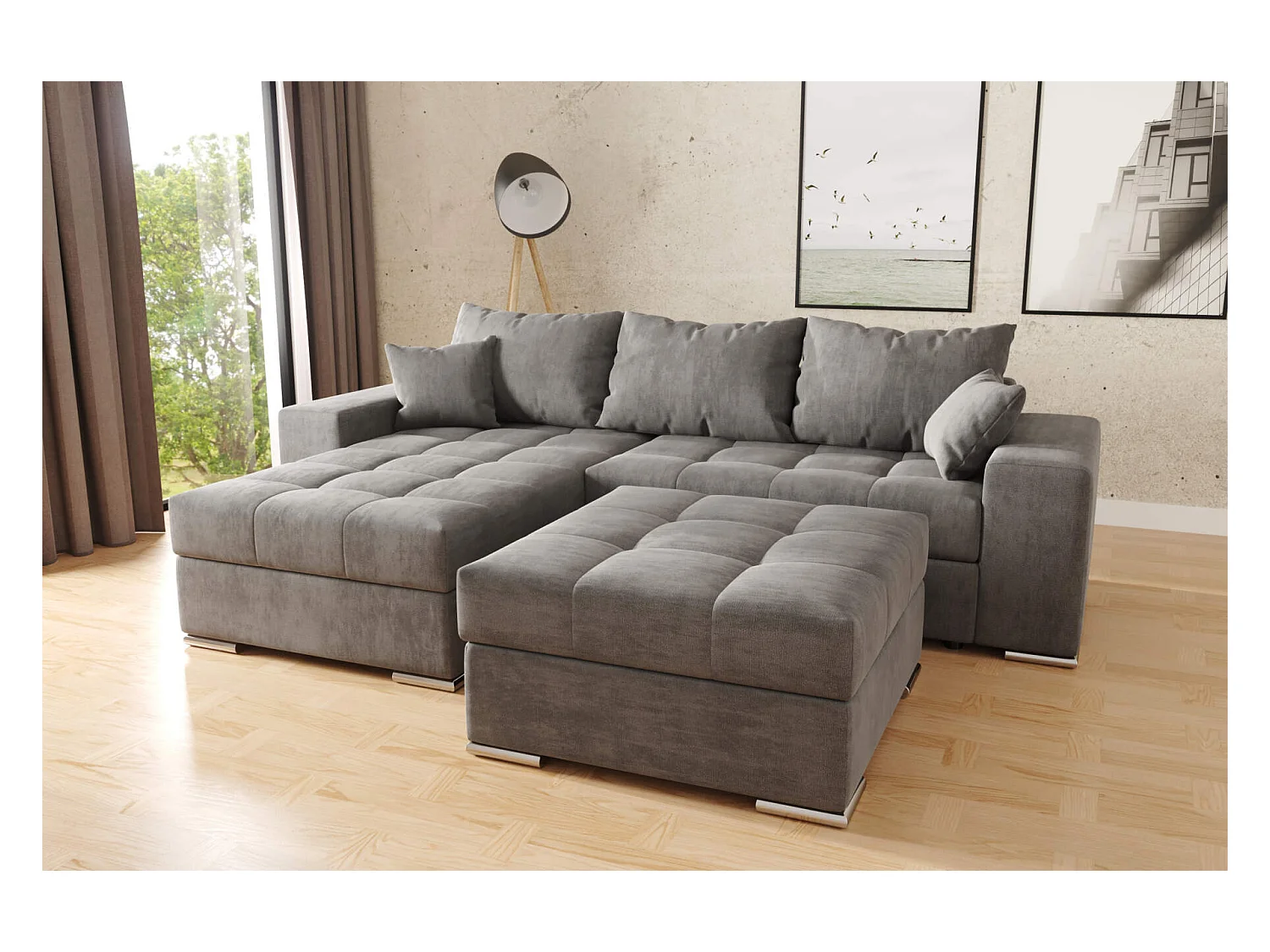canapé d'angle josua L avec lit et rangements + pouf - tissu texturé velours