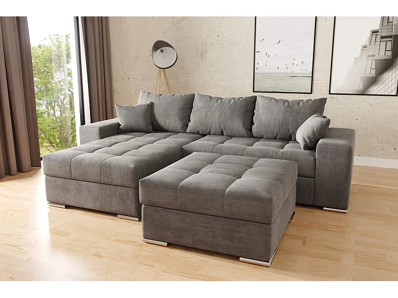 canapé d'angle josua L avec lit et rangements + pouf - tissu texturé velours