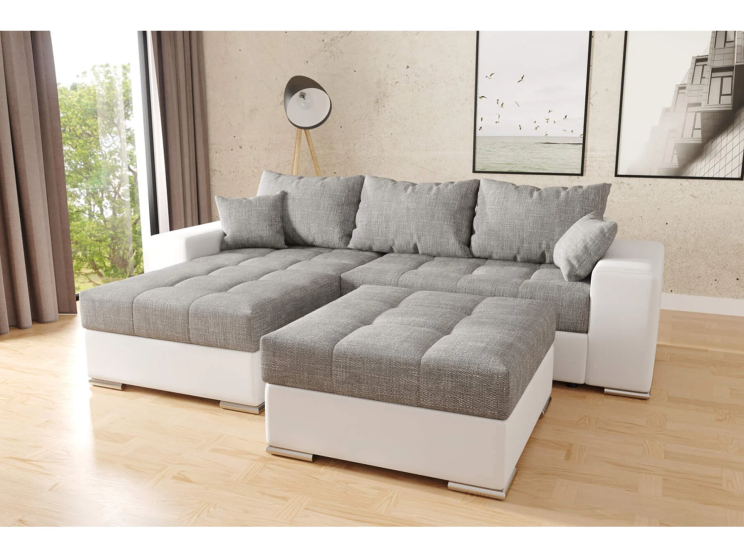 canapé d'angle josua L avec lit et rangements + pouf - gris + blanc