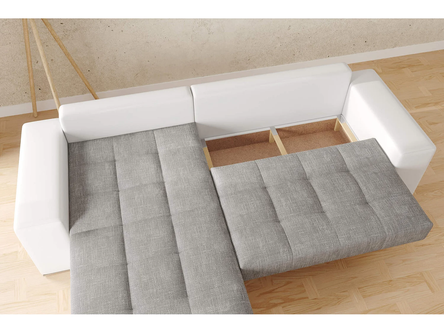 canapé d'angle josua L avec lit et rangements + pouf - gris + blanc