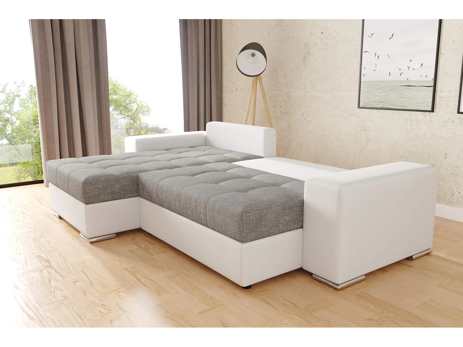 canapé d'angle josua L avec lit et rangements + pouf - gris + blanc