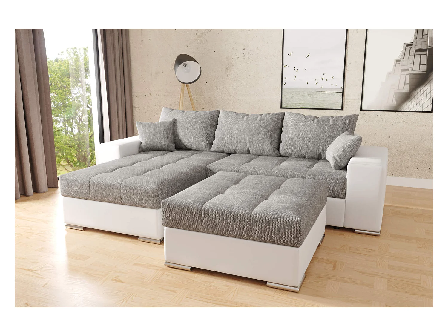 canapé d'angle josua L avec lit et rangements + pouf - gris + blanc