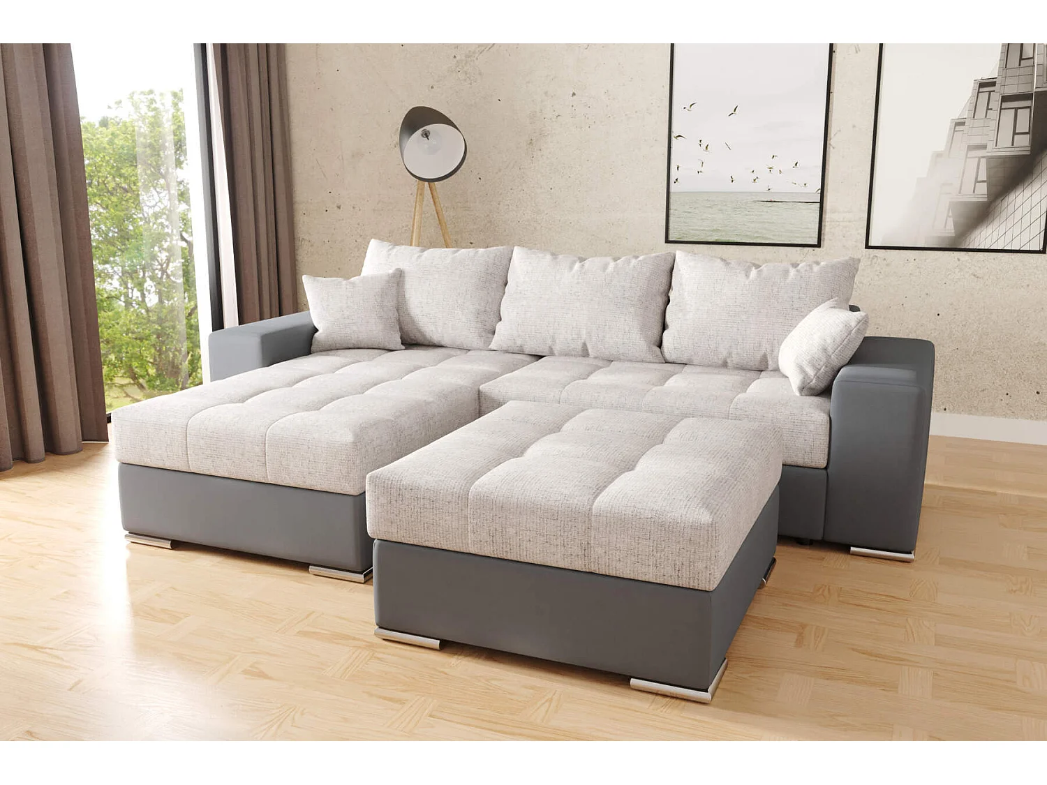 canapé d'angle josua L avec lit et rangements + pouf - gris + pu gris