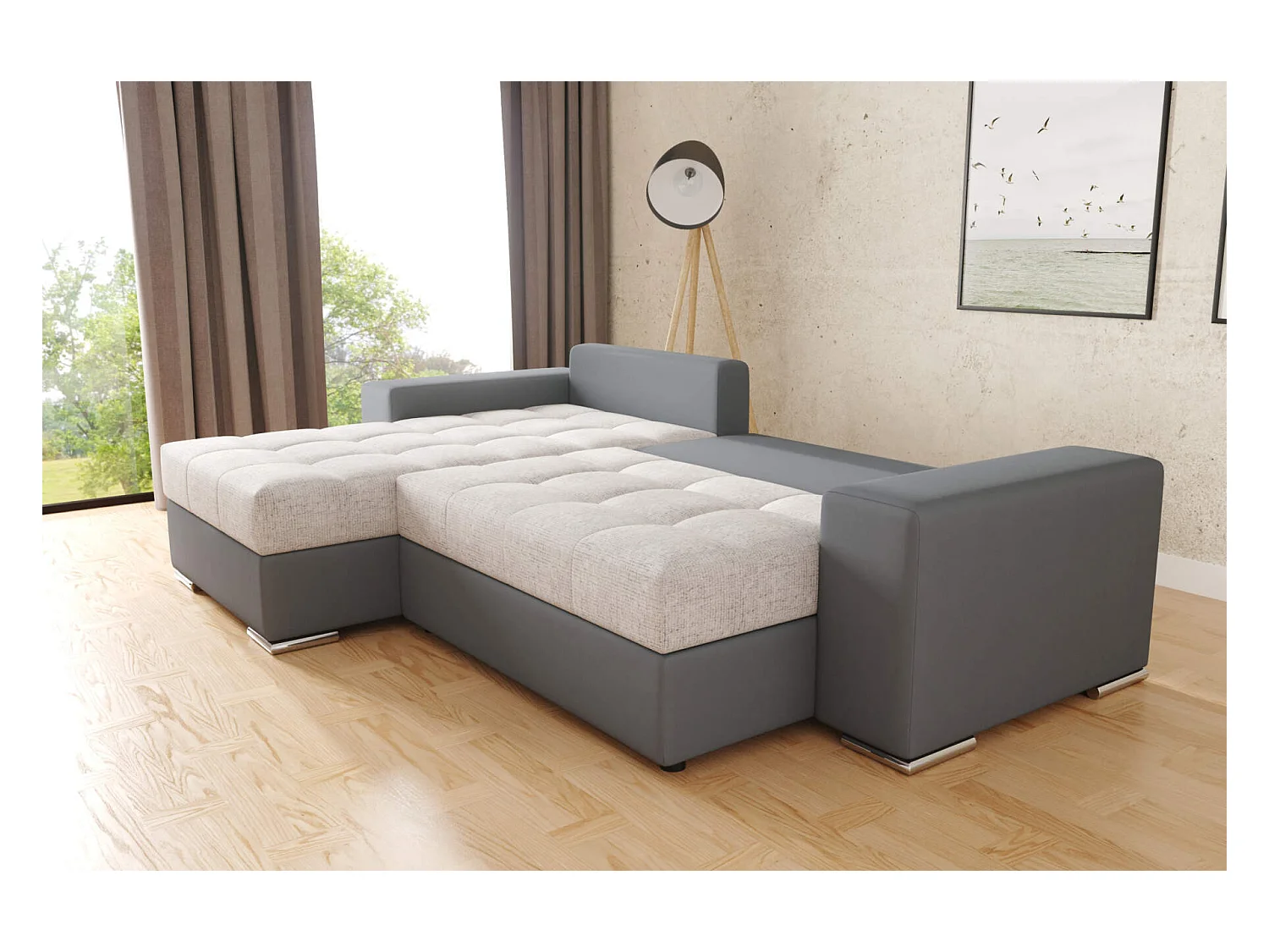 hoekbank josua L met bed en opbergruimte + poef - grijs + grijs pu