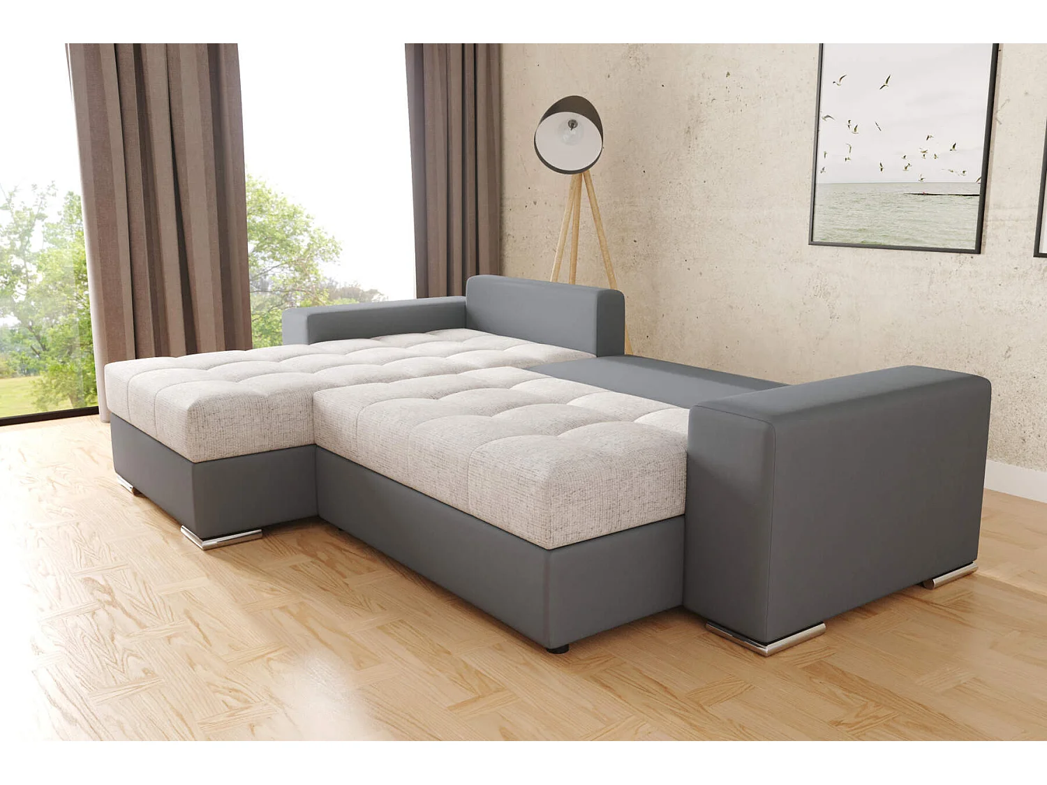 hoekbank josua L met bed en opbergruimte + poef - grijs + grijs pu