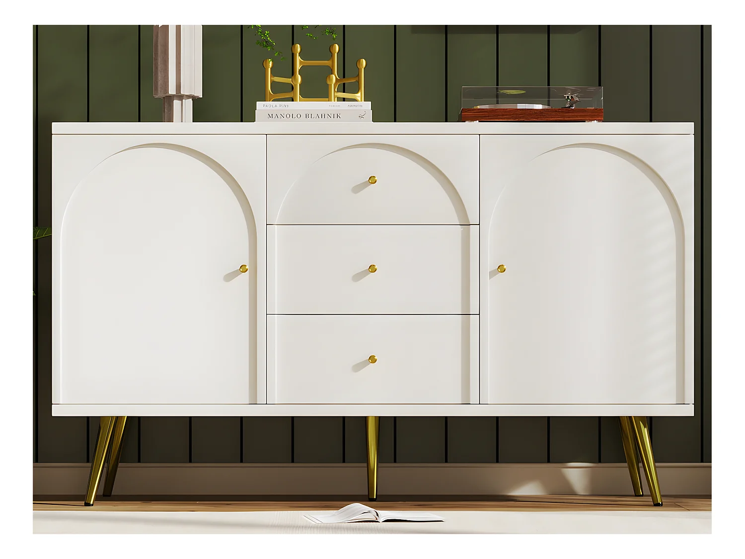 Commode avec 3 tiroirs et 2 portes - pieds dorés - en Panneaux de particules - Blanc
