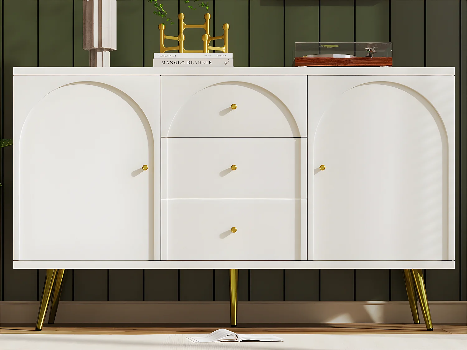 Commode avec 3 tiroirs et 2 portes - pieds dorés - en Panneaux de particules - Blanc