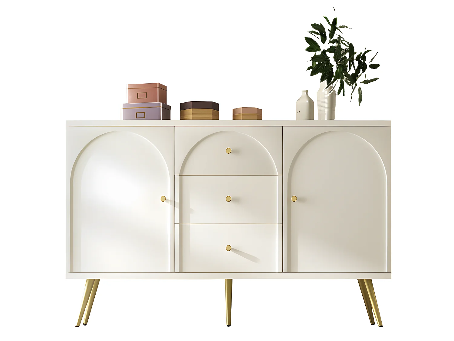 Commode avec 3 tiroirs et 2 portes - pieds dorés - en Panneaux de particules - Blanc