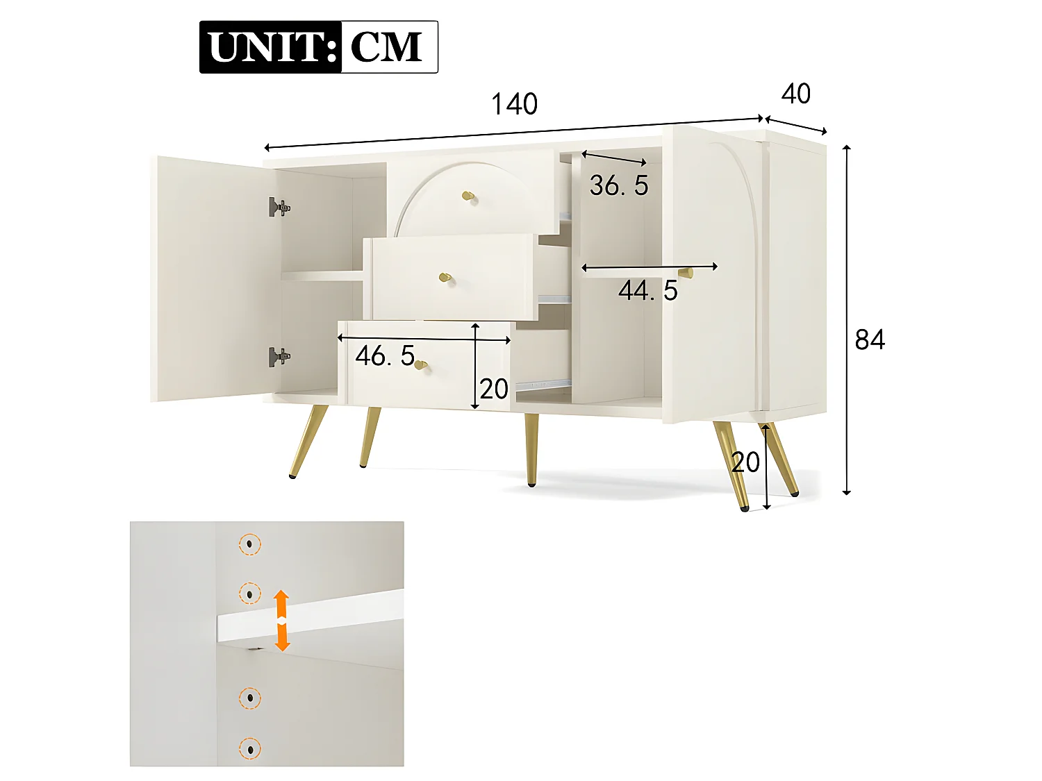 Commode avec 3 tiroirs et 2 portes - pieds dorés - en Panneaux de particules - Blanc