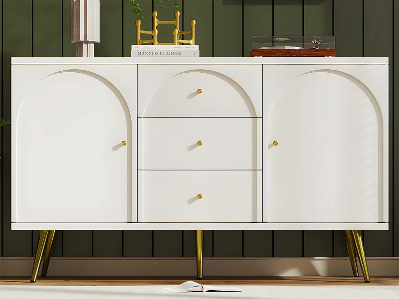 Commode avec 3 tiroirs et 2 portes - pieds dorés - en Panneaux de particules - Blanc