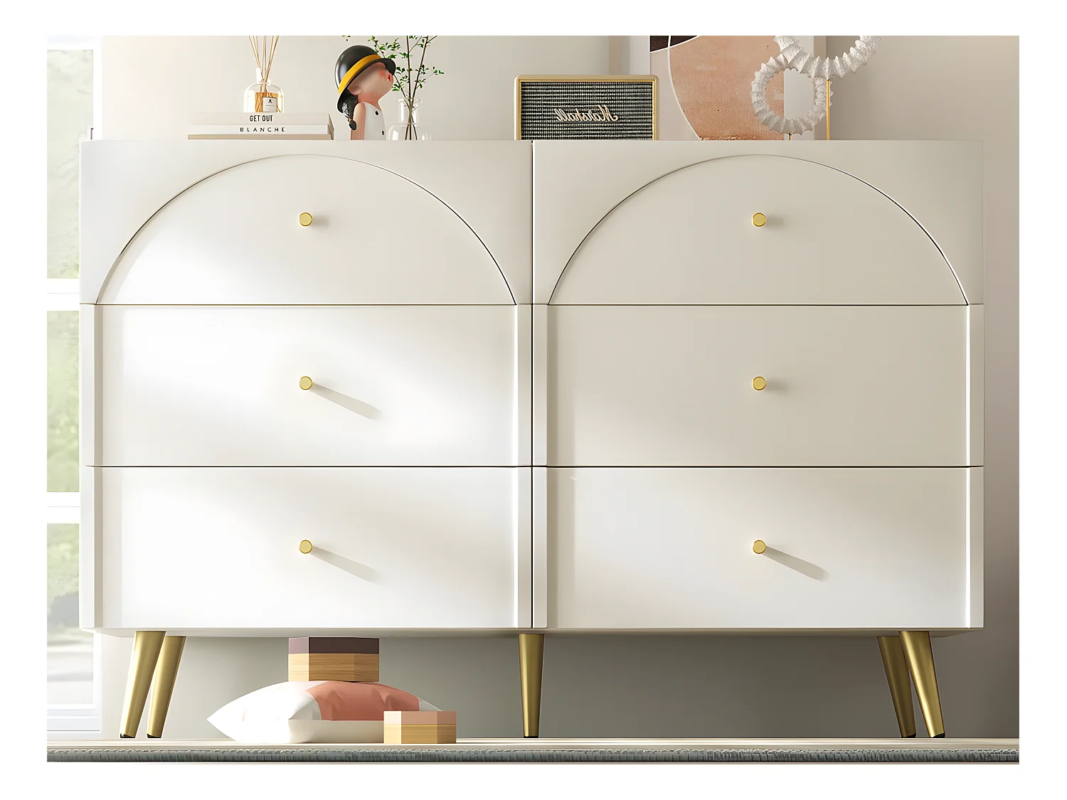 Commode avec 6 tiroirs - pieds dorés - en Panneaux de particules - Blanc