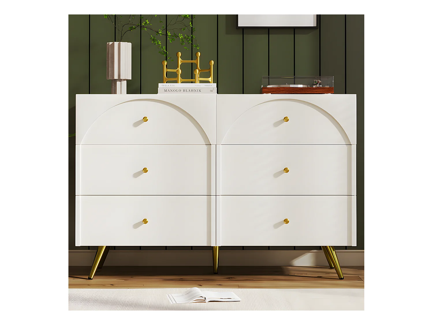 Kommode mit 6 Schubladen – goldene Füße – aus Spanplatte – Weiß