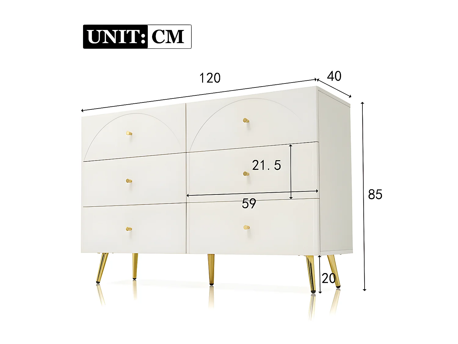 Kommode mit 6 Schubladen – goldene Füße – aus Spanplatte – Weiß