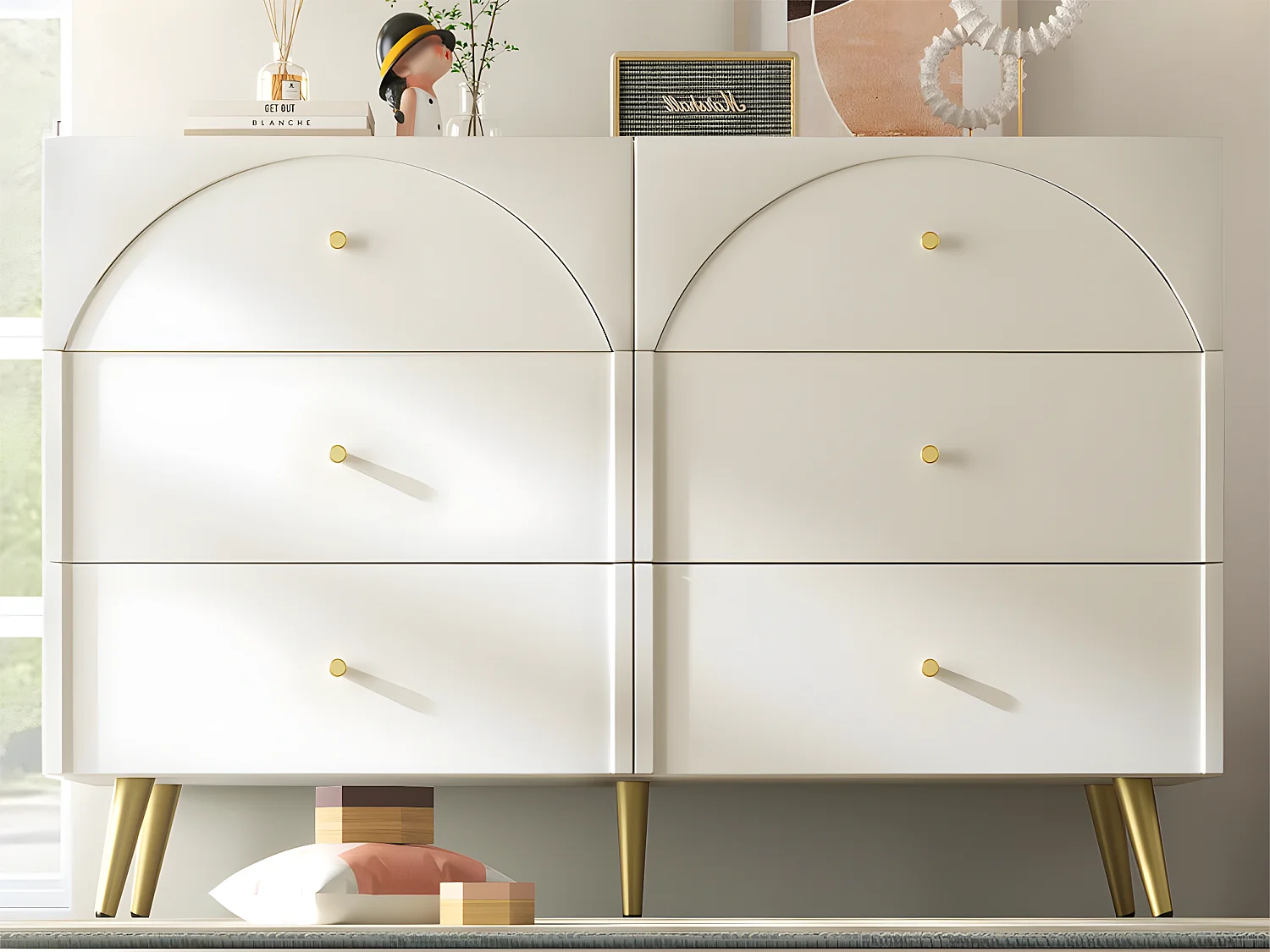 Commode avec 6 tiroirs - pieds dorés - en Panneaux de particules - Blanc