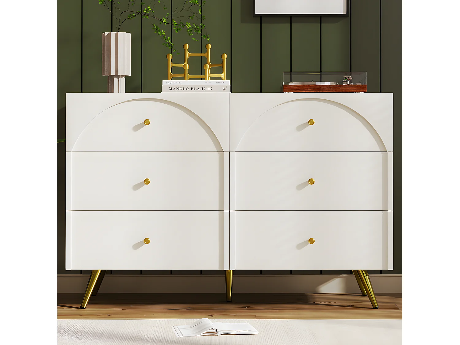 Commode avec 6 tiroirs - pieds dorés - en Panneaux de particules - Blanc