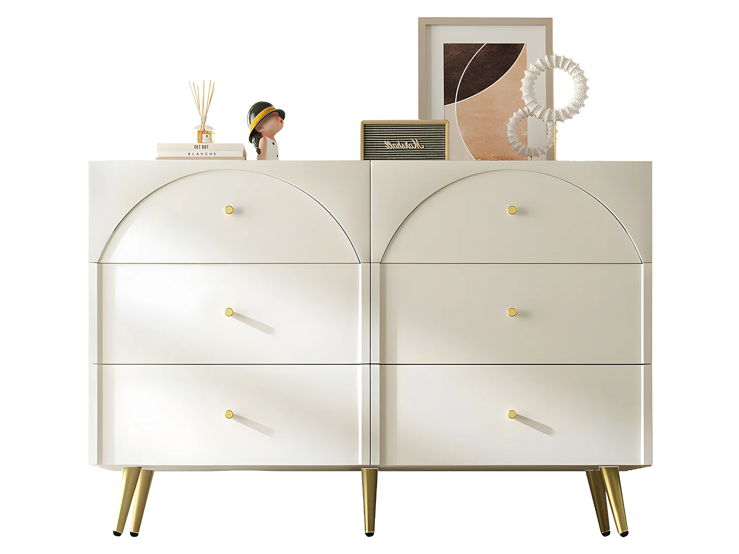 Commode avec 6 tiroirs - pieds dorés - en Panneaux de particules - Blanc