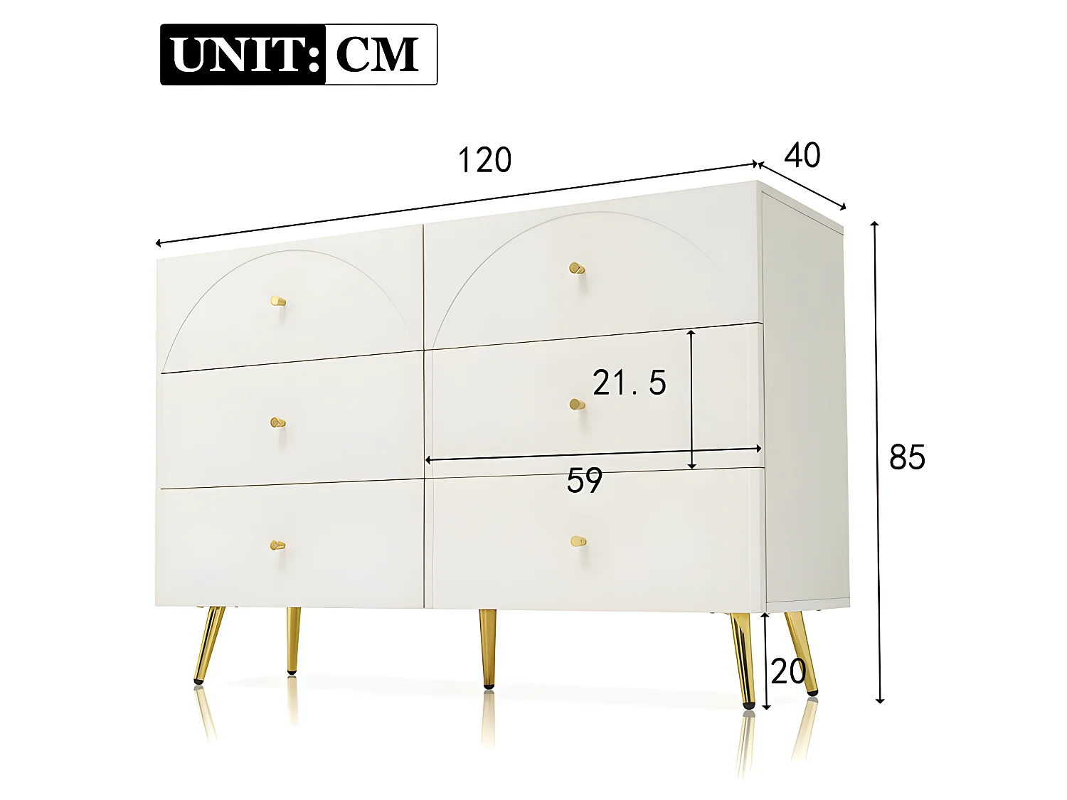 Commode avec 6 tiroirs - pieds dorés - en Panneaux de particules - Blanc