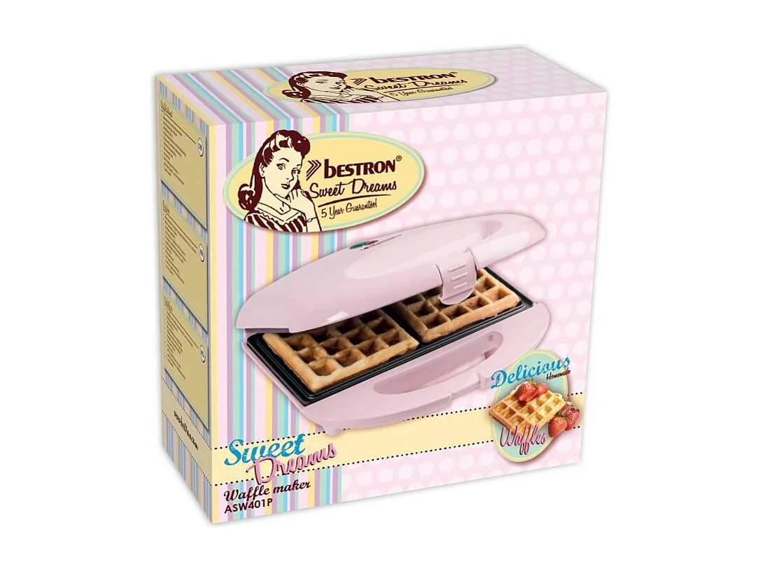 BESTRON ASW401P - Gaufrier au design retro pour des gaufres de Bruxelles, Sweet Dreams, Pour 2 gaufres, 700 W, Rose