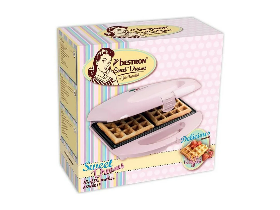 BESTRON ASW401P - Gaufrier au design retro pour des gaufres de Bruxelles, Sweet Dreams, Pour 2 gaufres, 700 W, Rose