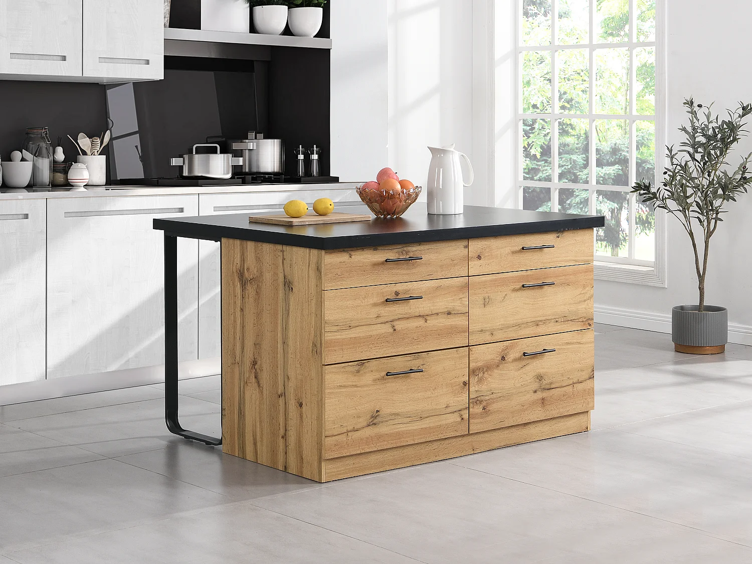 Ilha central de cozinha com 6 gavetas em MDF e metal preto e natural claro - ALEGRITA