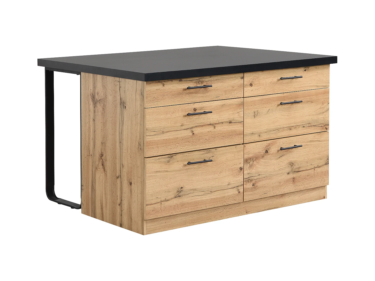 Ilot central de cuisine avec 6 tiroirs en MDF et métal - Noir et Naturel clair - ALEGRITA