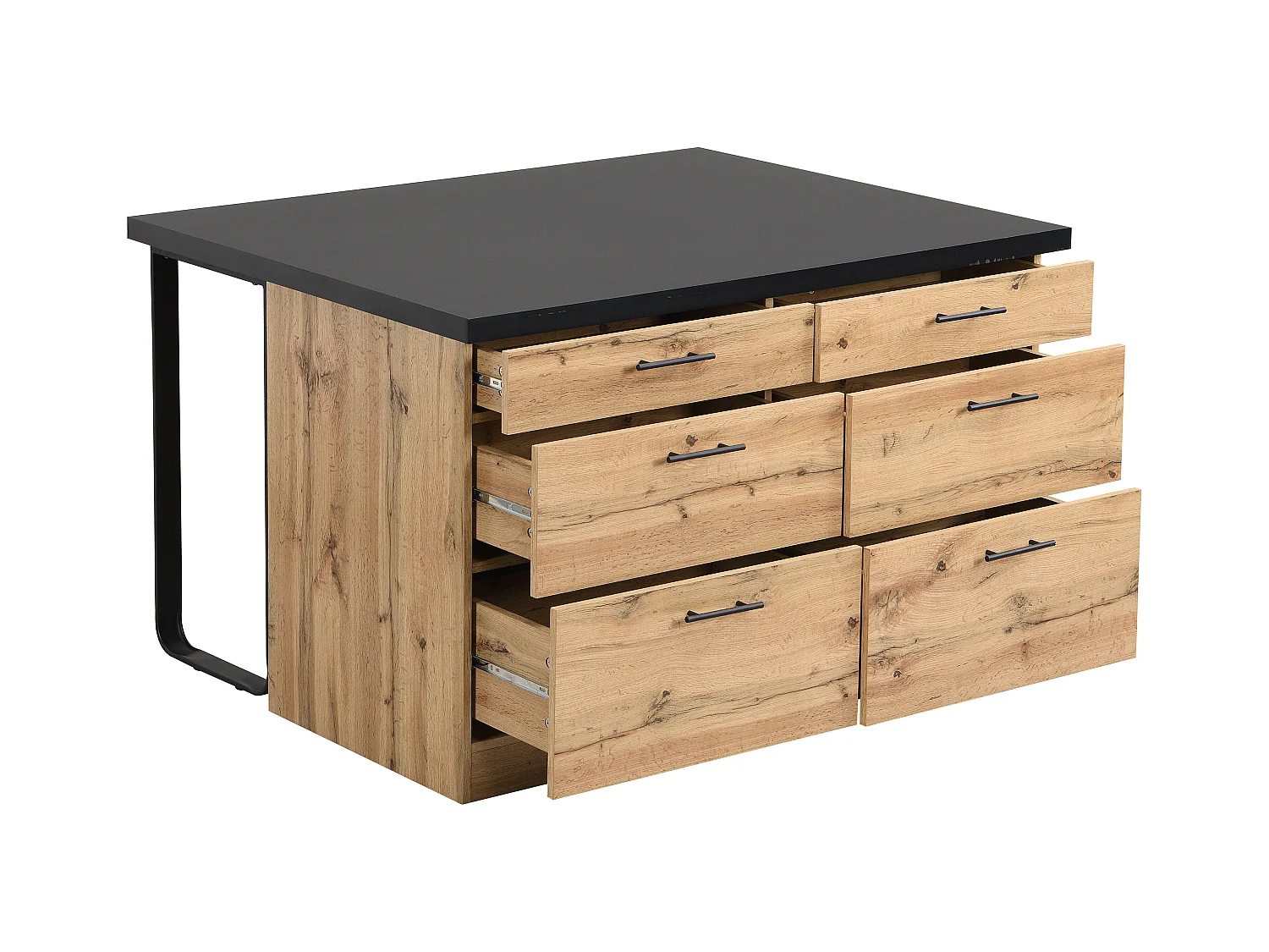 Ilot central de cuisine avec 6 tiroirs en MDF et métal - Noir et Naturel clair - ALEGRITA