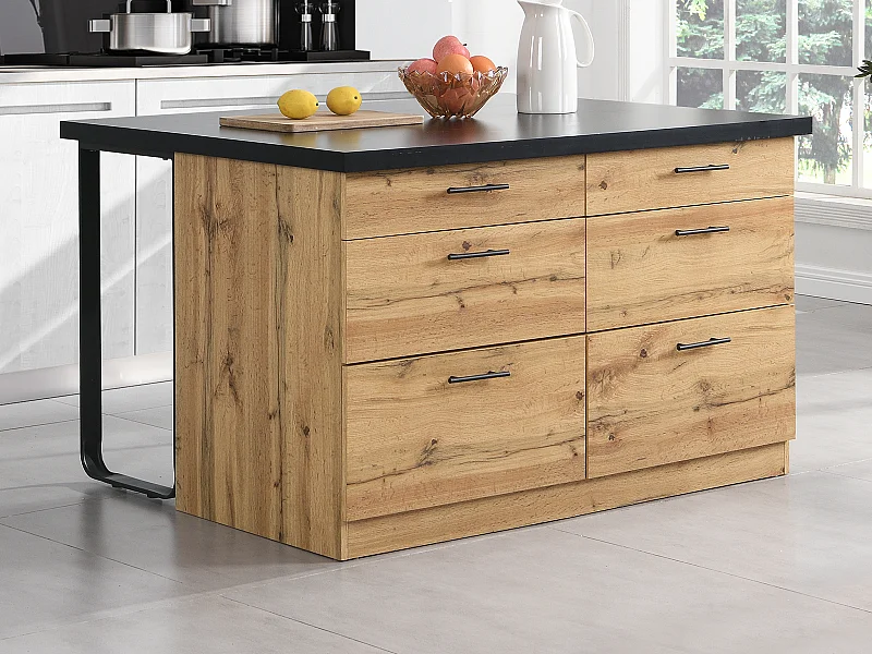 Ilot central de cuisine avec 6 tiroirs en MDF et métal - Noir et Naturel clair - ALEGRITA