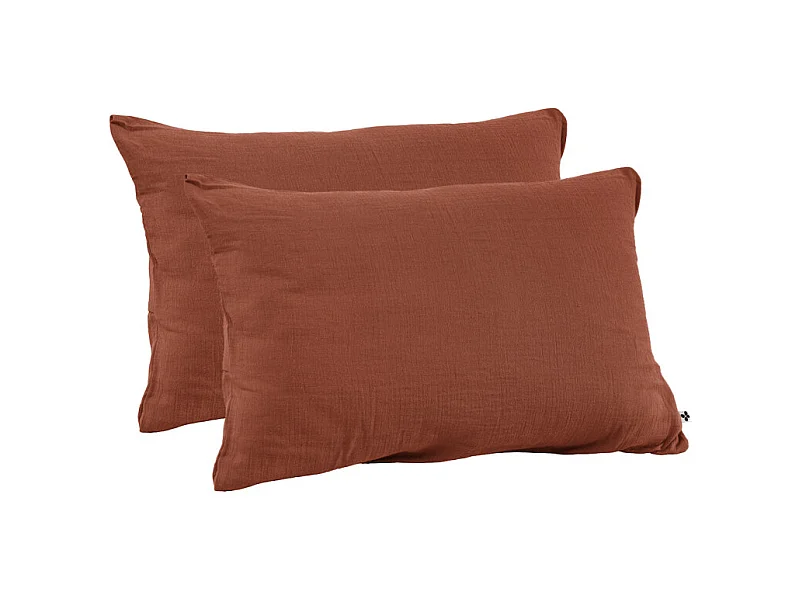 Lot 2 taies d'oreillers 50x70 double gaze de coton terracotta - PEPA 2