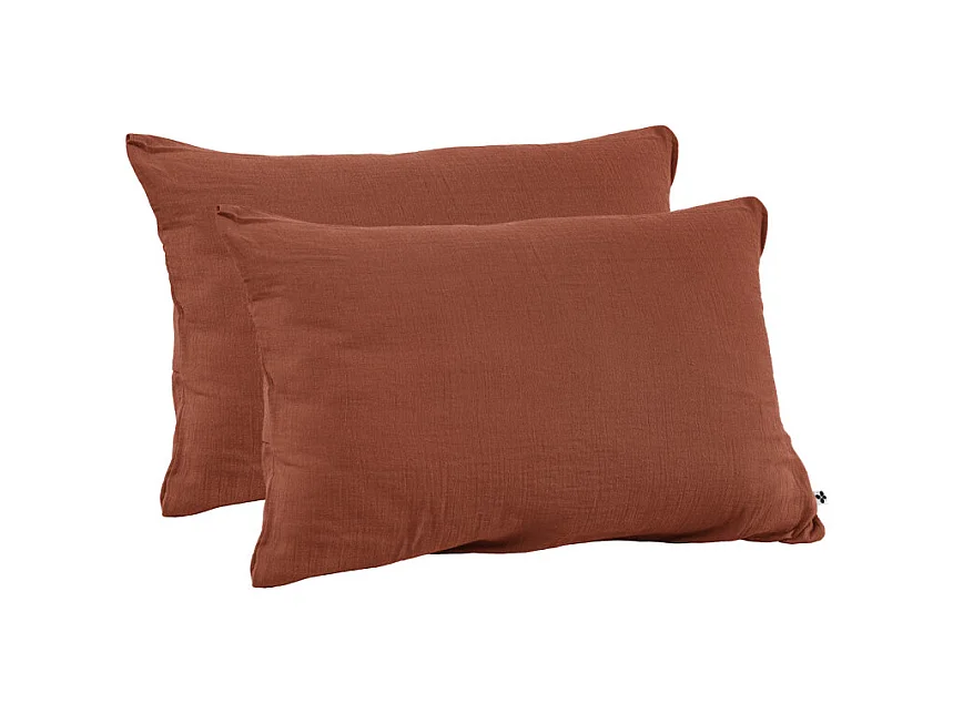 Lot 2 taies d'oreillers 50x70 double gaze de coton terracotta - PEPA 2