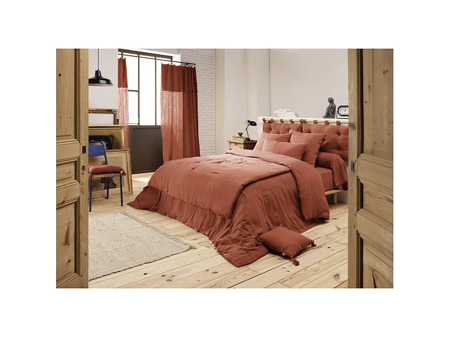 Lot 2 taies d'oreillers 60x60 double gaze de coton terracotta - PEPA 1