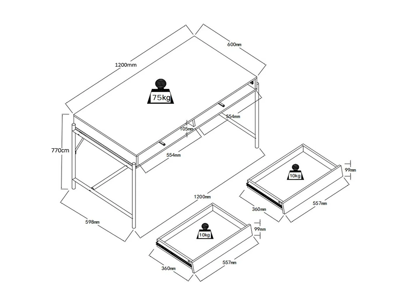 Biurko z 2 szufladami - MDF i metal - Czarny i naturalny - VUORIA