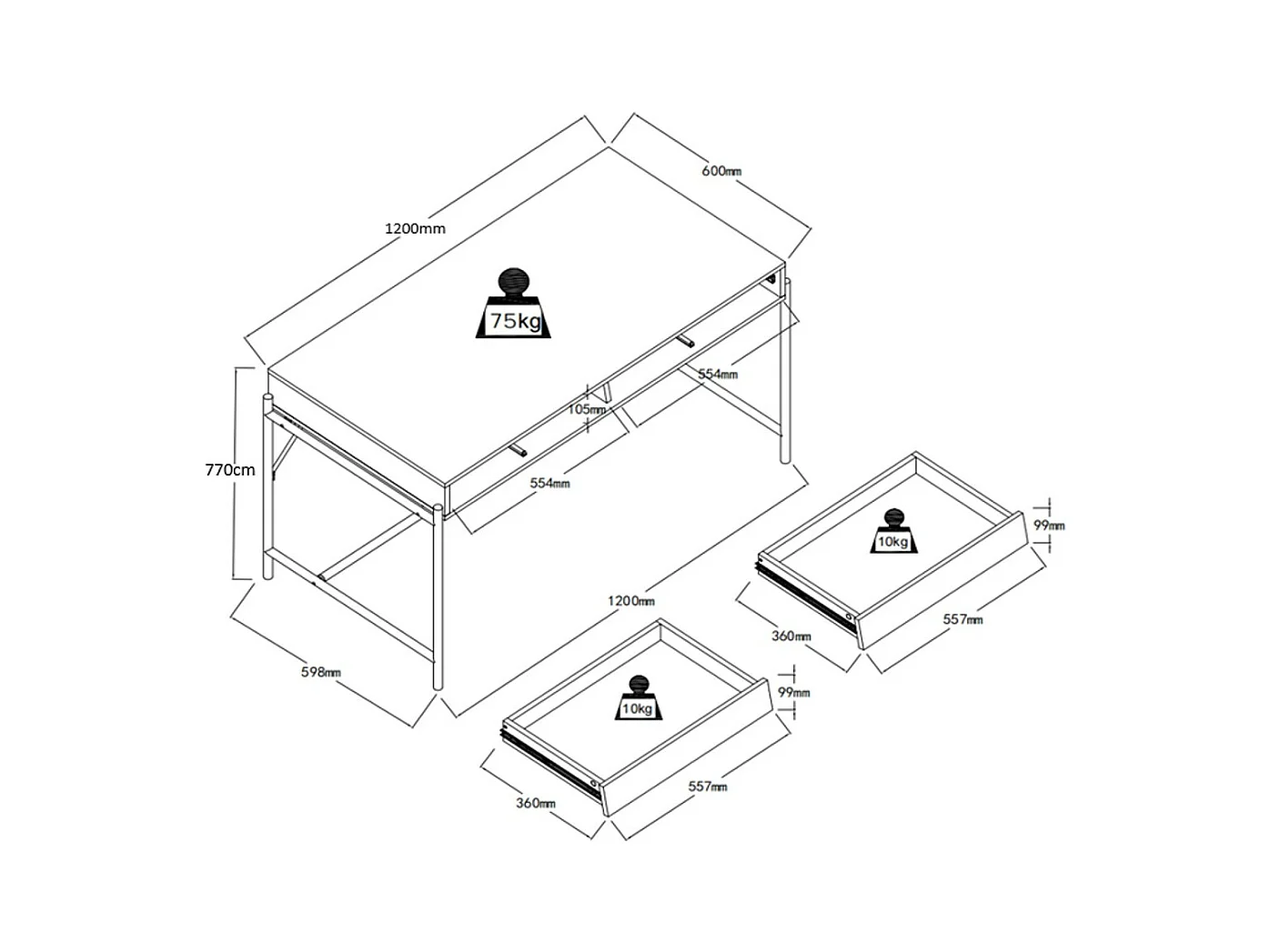 Escritorio con 2 cajones - MDF y metal - Negro y natural - VUORIA