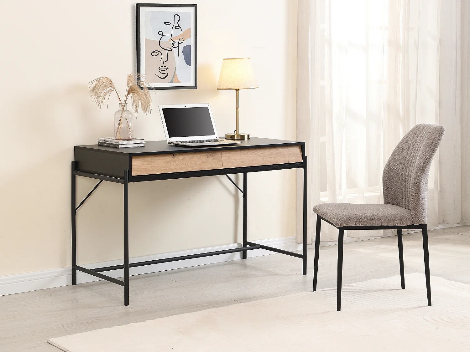 Bureau avec 2 tiroirs - MDF et métal - Noir et naturel - VUORIA