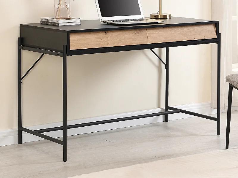 Biurko z 2 szufladami - MDF i metal - Czarny i naturalny - VUORIA